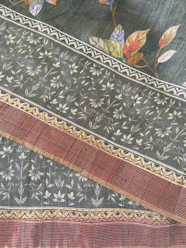 Banarasi Tussar Silk Digital Print Saree | Handwoven and digitally printed | Black | Ships from California